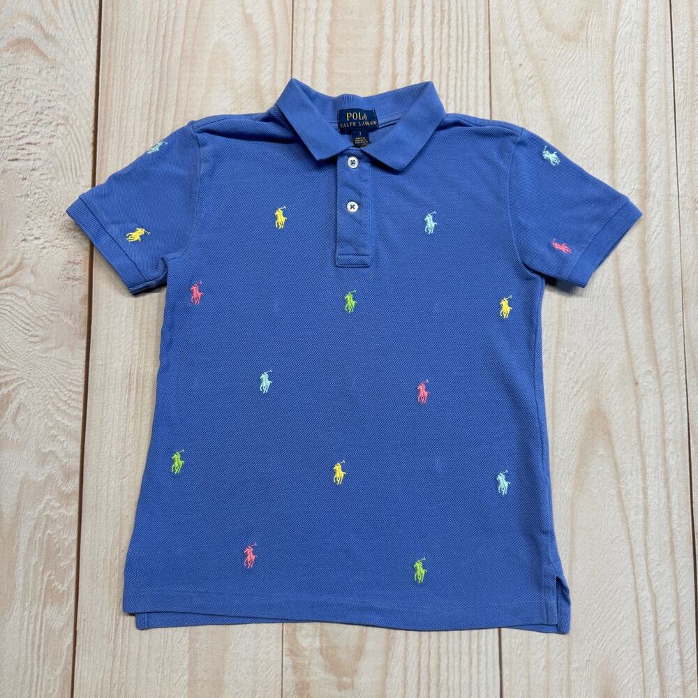 Polo Ralph Lauren Boys Size 7 All-over Pony Embroidery Logo Polo Shirt Blue